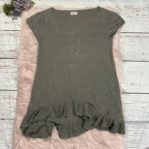 WRAP London Linen Embroidered Ruffle Trim Gray Tunic